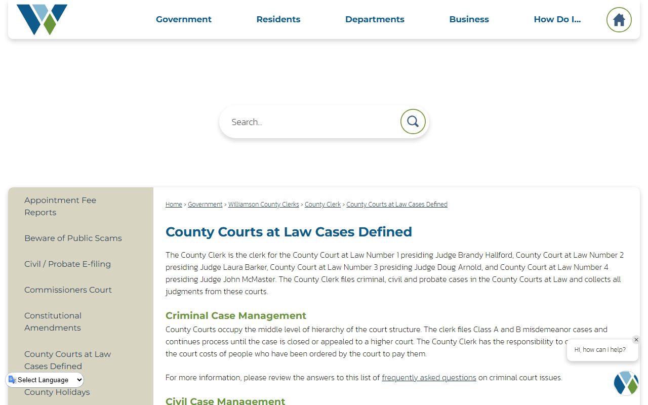 Williamson County court records County Courts at Law cases defined page
