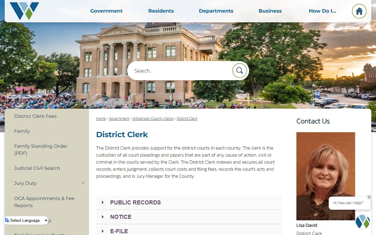 Williamson County District Clerk records request page