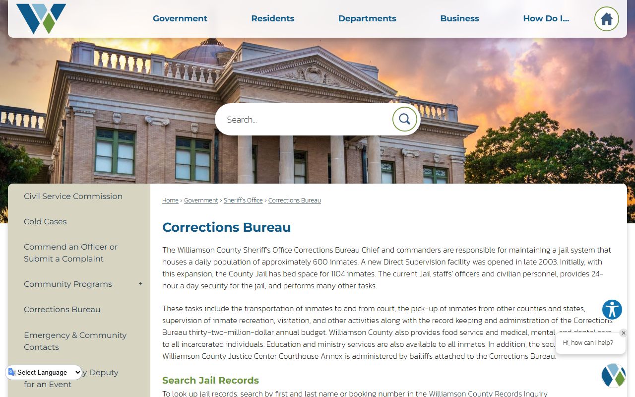 Williamson County inmate records Corrections Bureau jail page