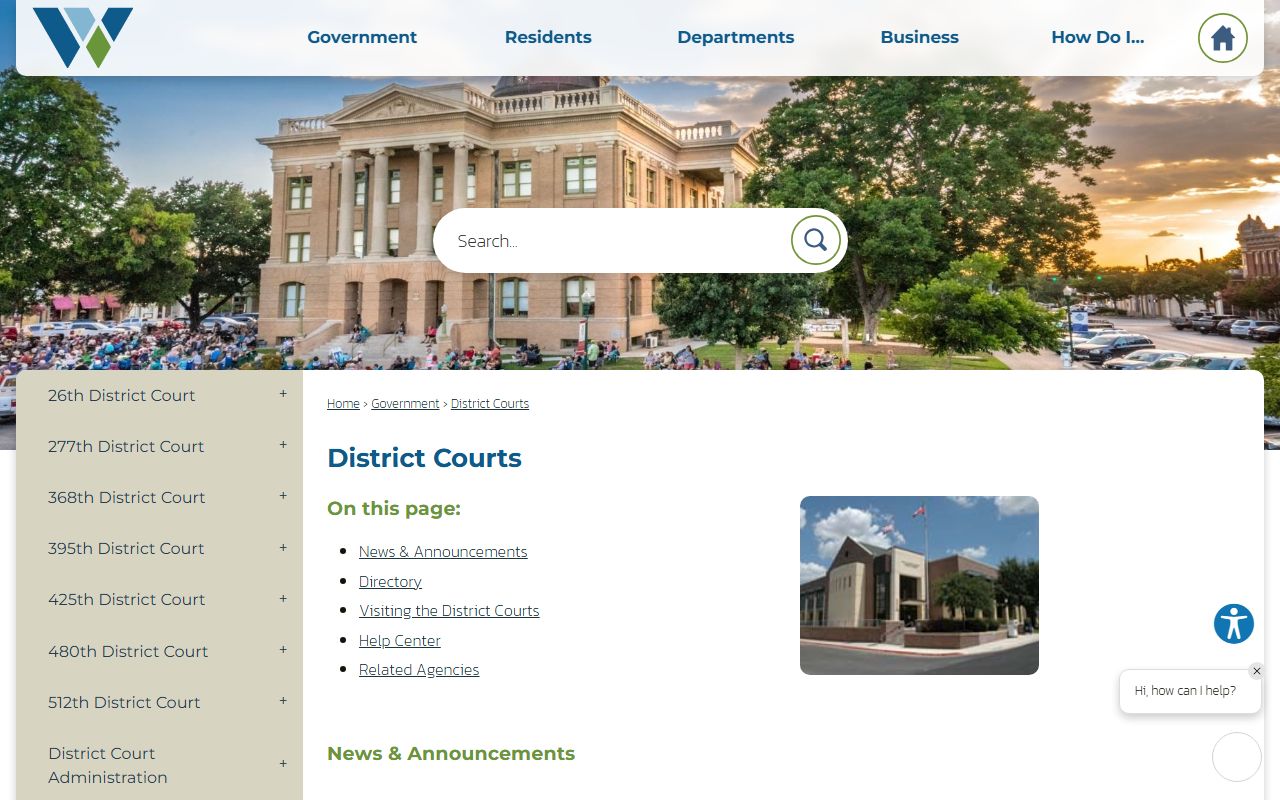 Williamson County district court landing page with judges and case search