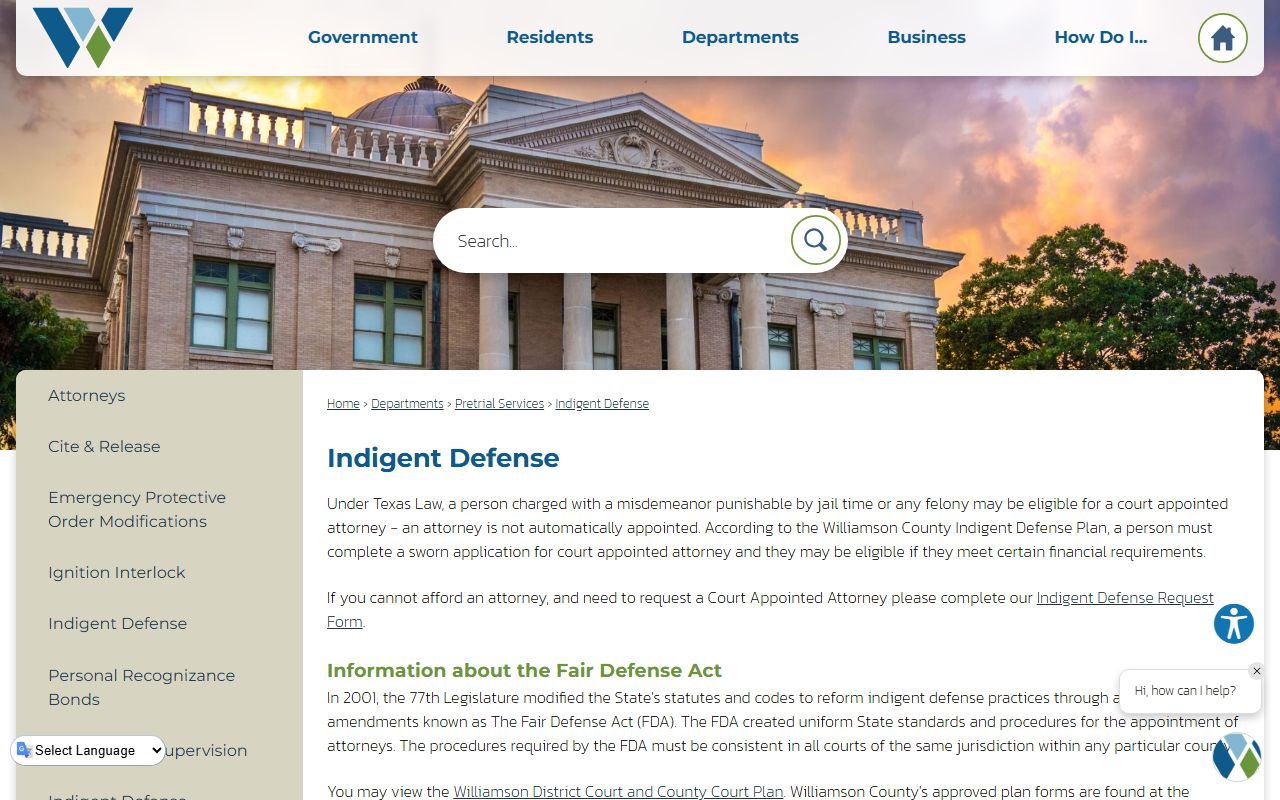 Williamson County public records indigent defense page