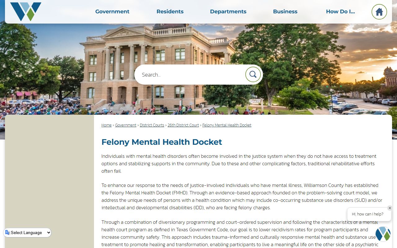 Williamson County district court Felony Mental Health Docket page